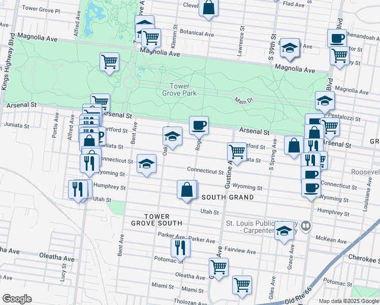map of restaurants, bars, coffee shops, grocery stores, and more near 4017 Juniata Street in St. Louis