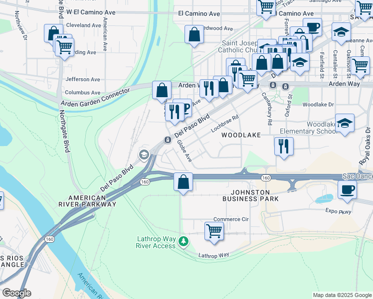 map of restaurants, bars, coffee shops, grocery stores, and more near 105 Globe Avenue in Sacramento