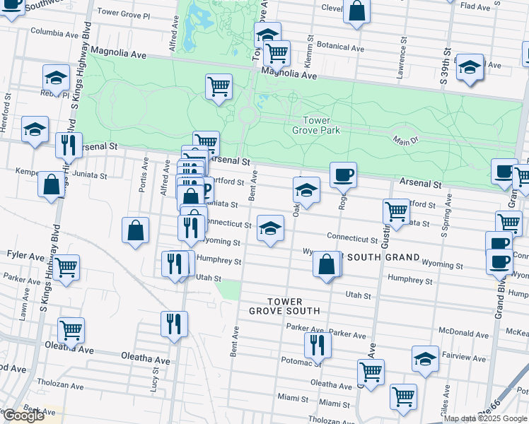 map of restaurants, bars, coffee shops, grocery stores, and more near 4150 Juniata Street in St. Louis