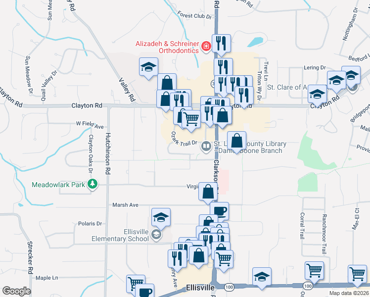 map of restaurants, bars, coffee shops, grocery stores, and more near 1395 Kensington Way Drive in Ellisville