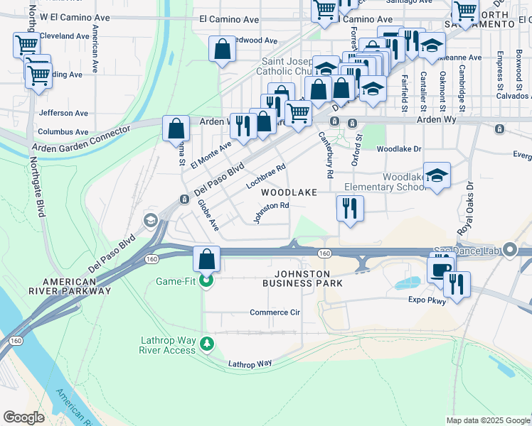 map of restaurants, bars, coffee shops, grocery stores, and more near 193 Johnston Road in Sacramento