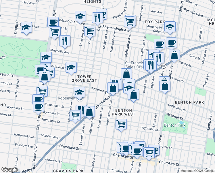 map of restaurants, bars, coffee shops, grocery stores, and more near 3000 Minnesota Avenue in St. Louis