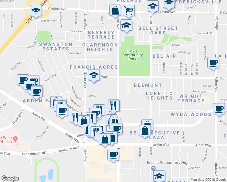 map of restaurants, bars, coffee shops, grocery stores, and more near 2003 Howe Avenue in Sacramento