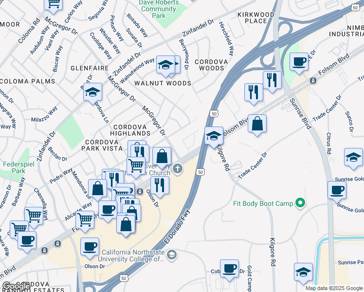 map of restaurants, bars, coffee shops, grocery stores, and more near 10904 Scotsman Way in Rancho Cordova