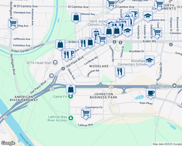 map of restaurants, bars, coffee shops, grocery stores, and more near 193 Johnston Road in Sacramento