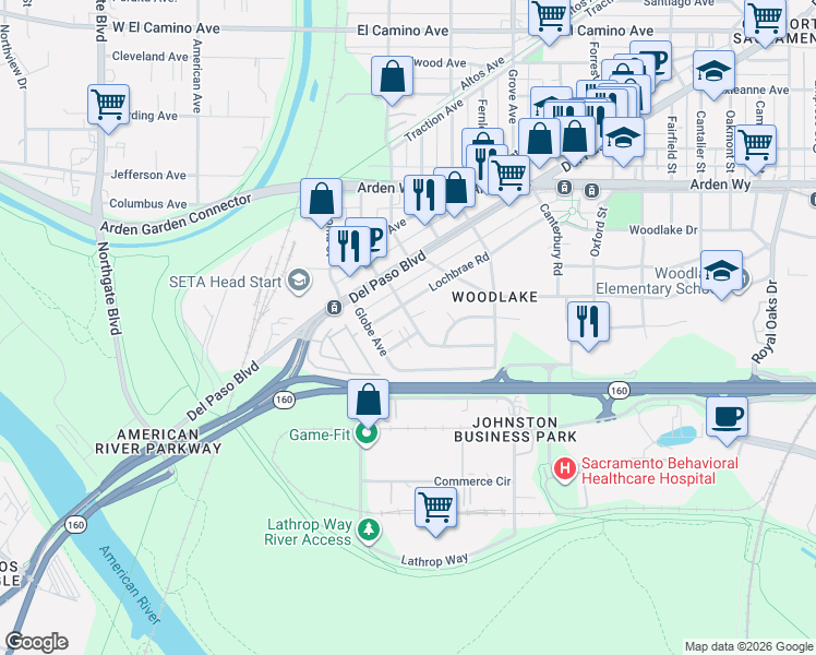 map of restaurants, bars, coffee shops, grocery stores, and more near 1025 Lochbrae Road in Sacramento