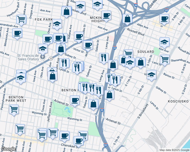 map of restaurants, bars, coffee shops, grocery stores, and more near 1944 Senate Street in St. Louis