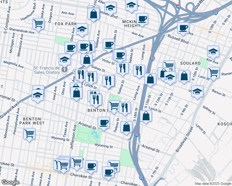 map of restaurants, bars, coffee shops, grocery stores, and more near 2021 Congress Street in St. Louis