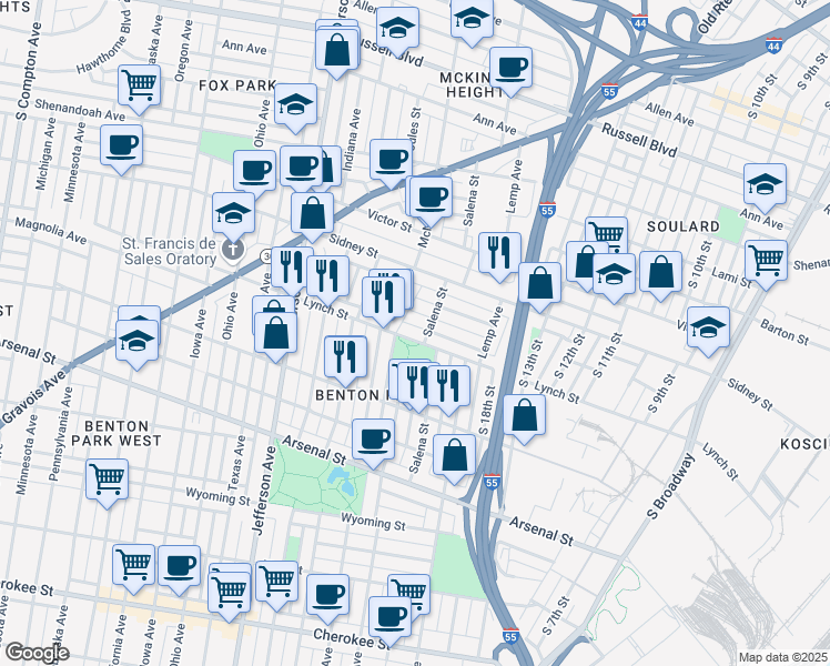 map of restaurants, bars, coffee shops, grocery stores, and more near 2021 Congress Street in St. Louis