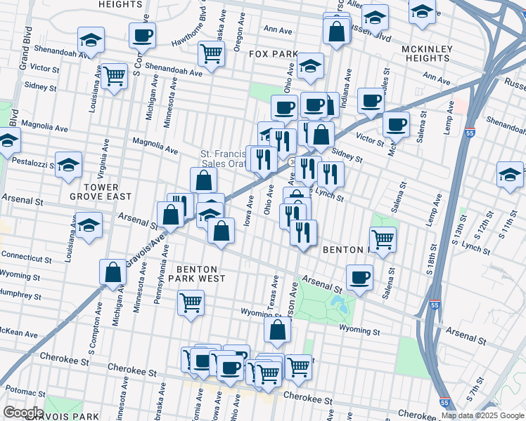 map of restaurants, bars, coffee shops, grocery stores, and more near 2849 Ohio Avenue in St. Louis