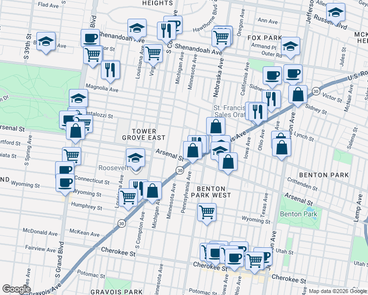 map of restaurants, bars, coffee shops, grocery stores, and more near 2930 Minnesota Avenue in St. Louis