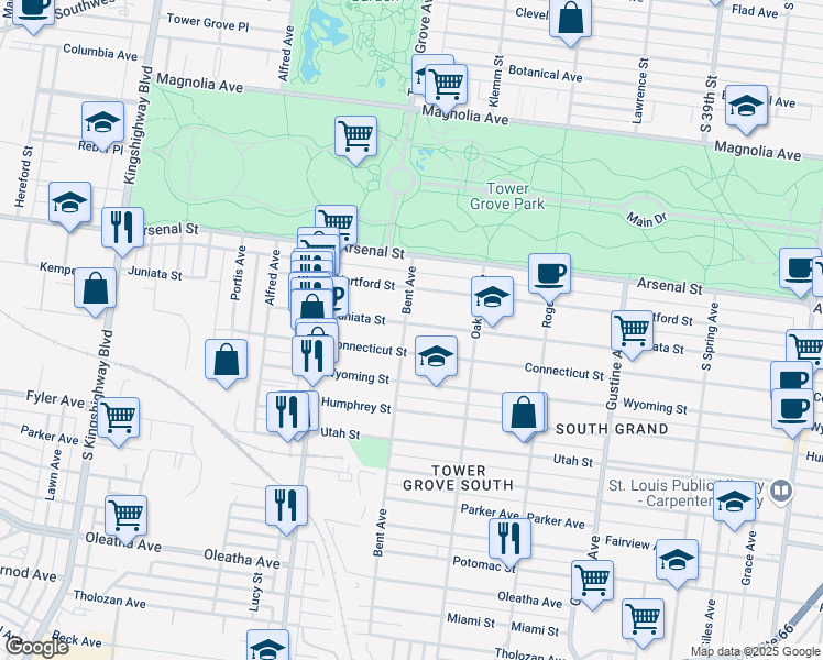 map of restaurants, bars, coffee shops, grocery stores, and more near 4171 Juniata Street in St. Louis