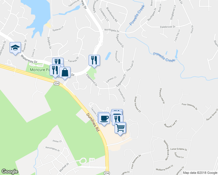 map of restaurants, bars, coffee shops, grocery stores, and more near 16199 Sheffield Drive in Dumfries