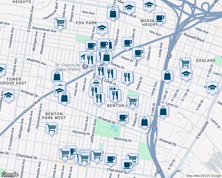 map of restaurants, bars, coffee shops, grocery stores, and more near 2804 Indiana Avenue in St. Louis