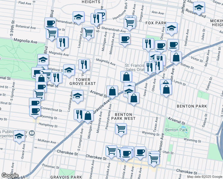 map of restaurants, bars, coffee shops, grocery stores, and more near 3009 Pennsylvania Avenue in St. Louis