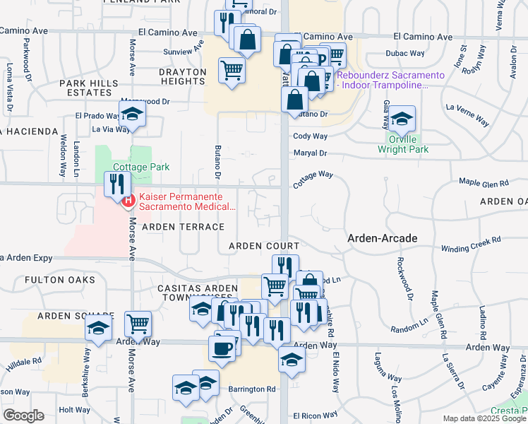 map of restaurants, bars, coffee shops, grocery stores, and more near 3457 Ardendale Lane in Sacramento
