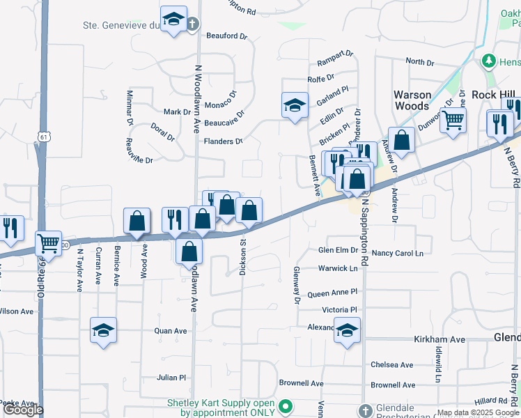 map of restaurants, bars, coffee shops, grocery stores, and more near 1166 Mariedale Drive in Kirkwood