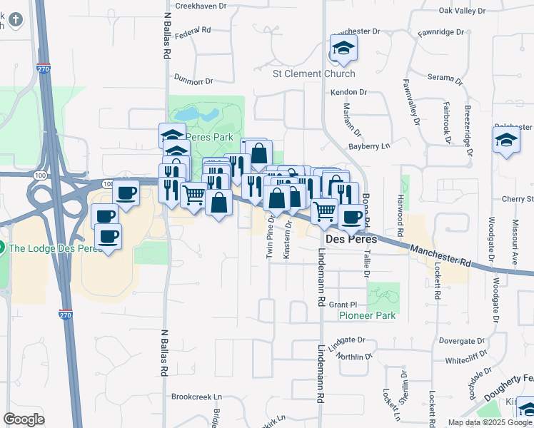 map of restaurants, bars, coffee shops, grocery stores, and more near 12101a Manchester Road in Des Peres