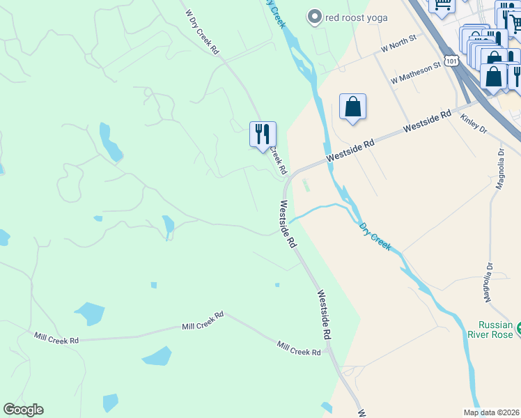 map of restaurants, bars, coffee shops, grocery stores, and more near 1029 Westside Road in Healdsburg