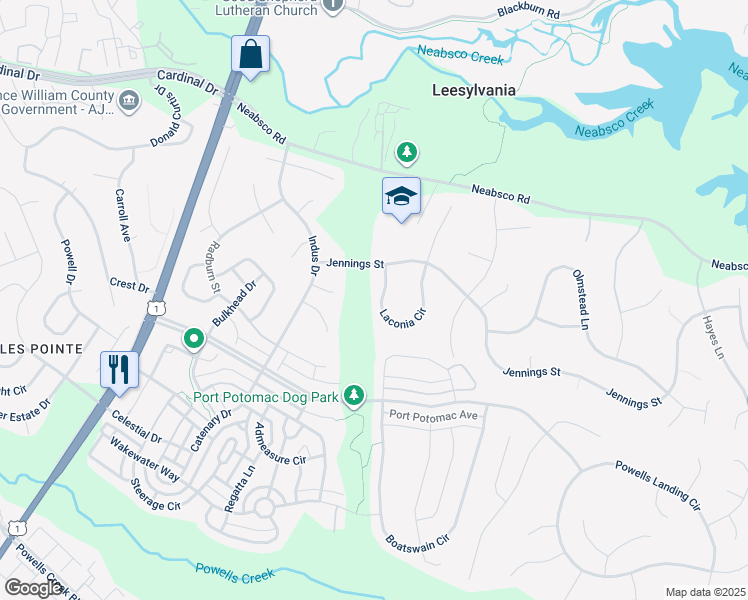 map of restaurants, bars, coffee shops, grocery stores, and more near 16057 Laconia Circle in Woodbridge