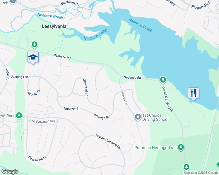 map of restaurants, bars, coffee shops, grocery stores, and more near 2171 Ferguson Court in Woodbridge