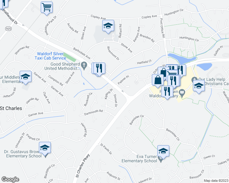 map of restaurants, bars, coffee shops, grocery stores, and more near 1008 Dorset Drive in Waldorf