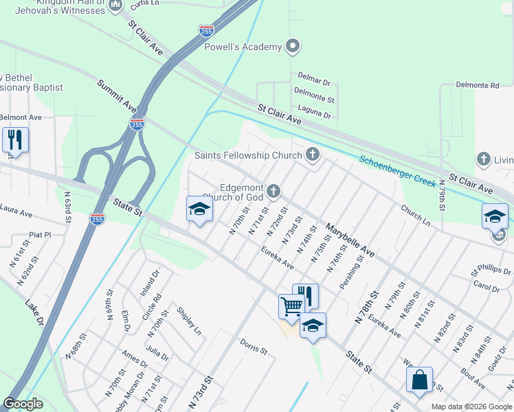 map of restaurants, bars, coffee shops, grocery stores, and more near 755 North 70th Street in East St. Louis