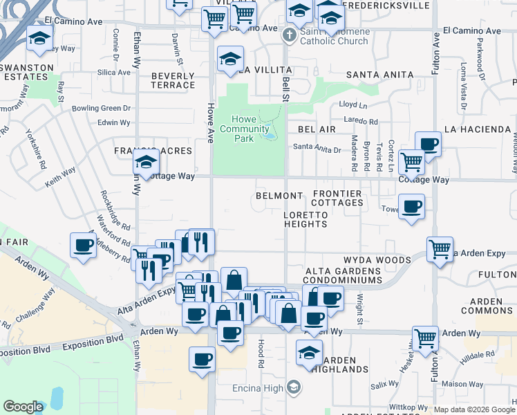 map of restaurants, bars, coffee shops, grocery stores, and more near 2049 Woodstock Way in Sacramento