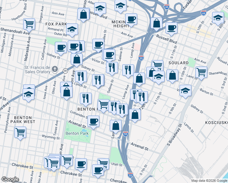 map of restaurants, bars, coffee shops, grocery stores, and more near 1944 Senate Street in St. Louis