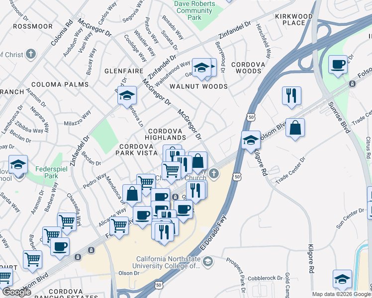 map of restaurants, bars, coffee shops, grocery stores, and more near 10857 Scotsman Way in Rancho Cordova