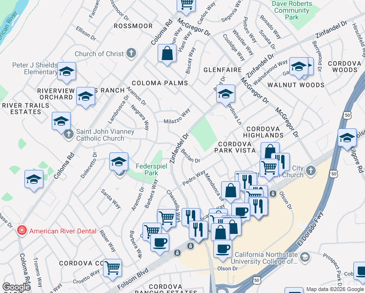 map of restaurants, bars, coffee shops, grocery stores, and more near 2451 Zinfandel Drive in Rancho Cordova