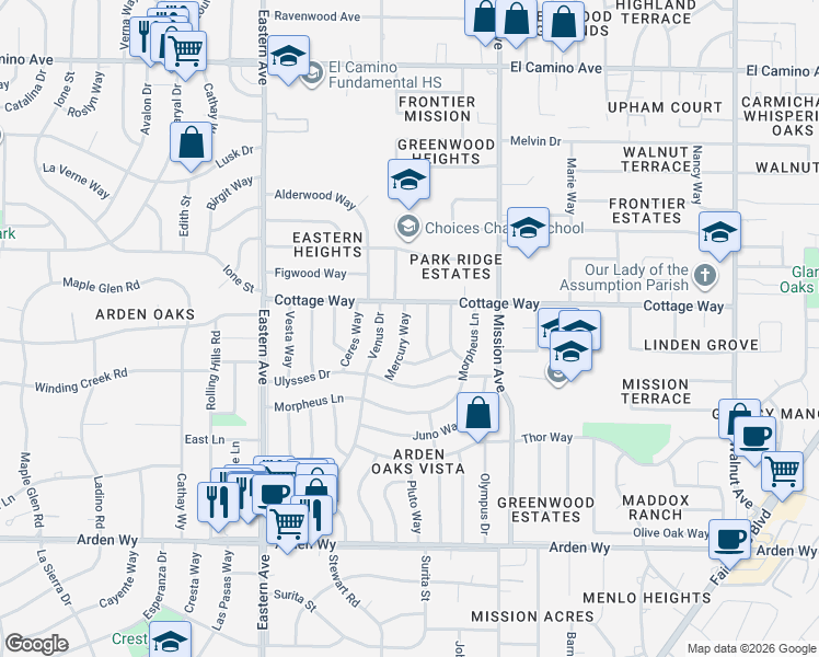 map of restaurants, bars, coffee shops, grocery stores, and more near 2044 Mercury Way in Sacramento