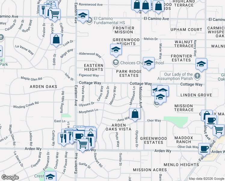 map of restaurants, bars, coffee shops, grocery stores, and more near 2044 Mercury Way in Sacramento