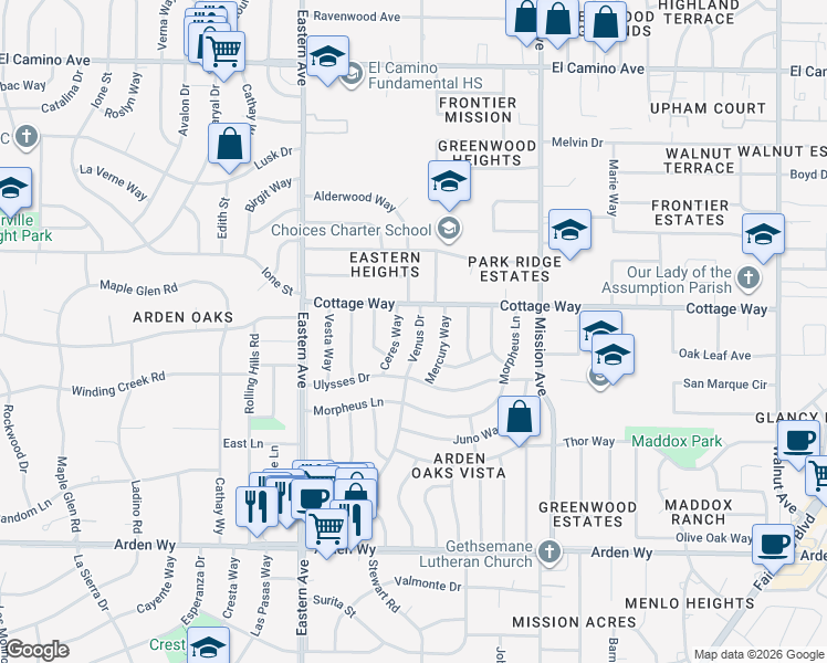 map of restaurants, bars, coffee shops, grocery stores, and more near 2040 Ceres Way in Sacramento