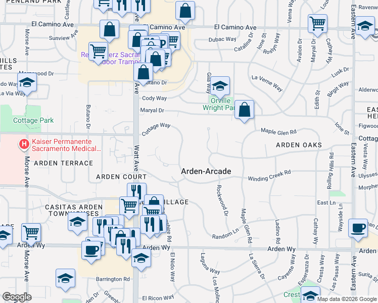 map of restaurants, bars, coffee shops, grocery stores, and more near 3631 Winding Creek Road in Sacramento