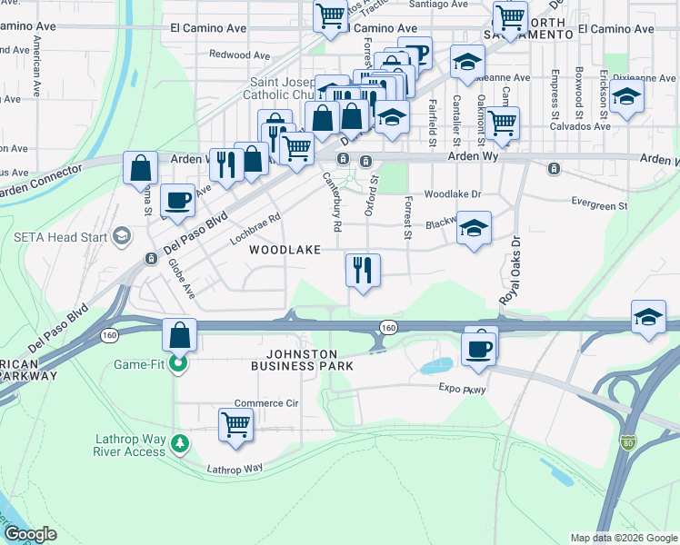 map of restaurants, bars, coffee shops, grocery stores, and more near 380 Southgate Road in Sacramento