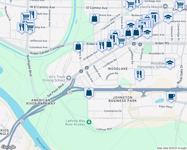 map of restaurants, bars, coffee shops, grocery stores, and more near 1025 Lochbrae Road in Sacramento