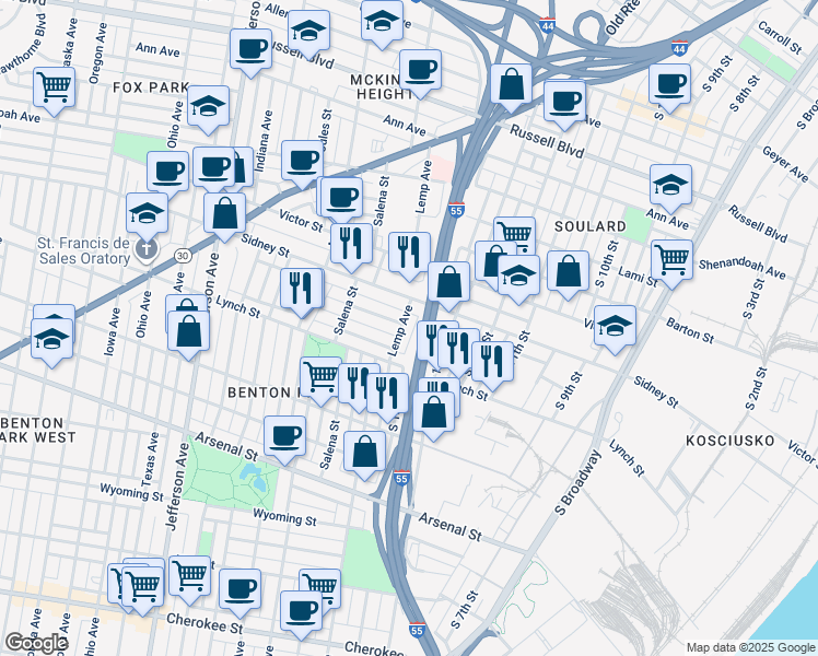 map of restaurants, bars, coffee shops, grocery stores, and more near 1905 Senate Street in St. Louis