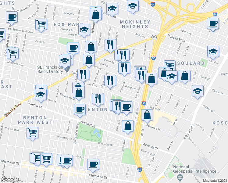 map of restaurants, bars, coffee shops, grocery stores, and more near 2021 Congress Street in St. Louis