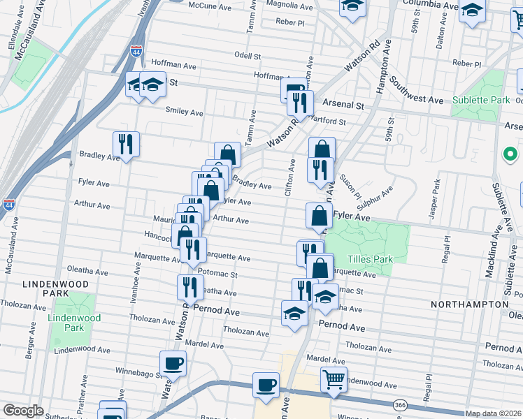 map of restaurants, bars, coffee shops, grocery stores, and more near 6231 Fyler Avenue in St. Louis