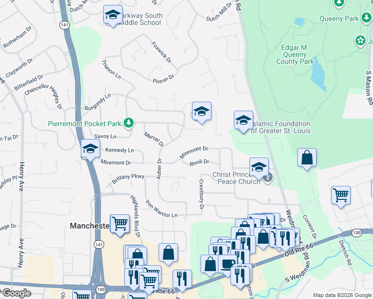 map of restaurants, bars, coffee shops, grocery stores, and more near 1207 Miremont Drive in Ballwin