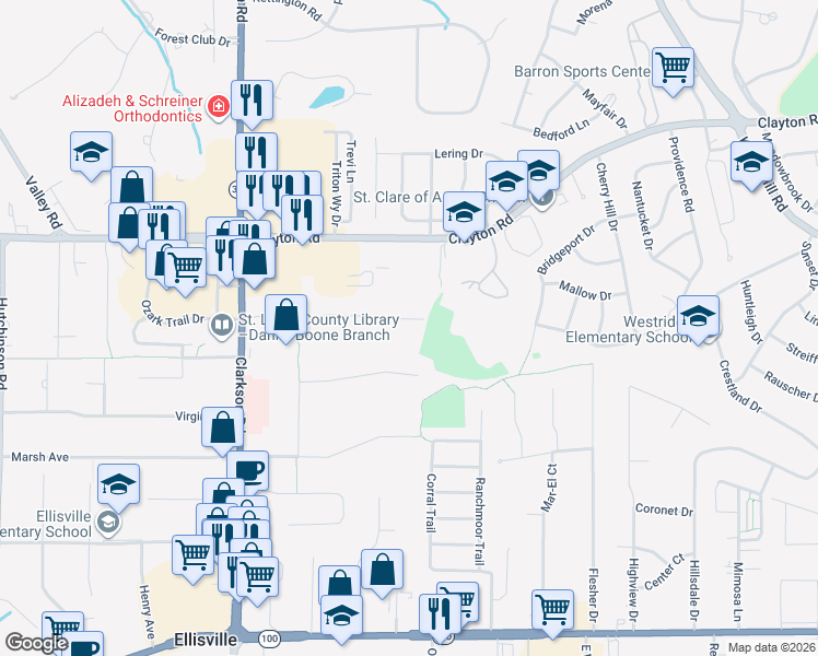 map of restaurants, bars, coffee shops, grocery stores, and more near 1143 Field Avenue in Ellisville