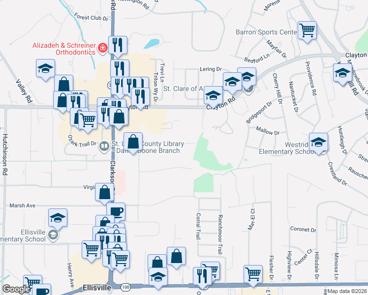 map of restaurants, bars, coffee shops, grocery stores, and more near 1143 Field Avenue in Ellisville
