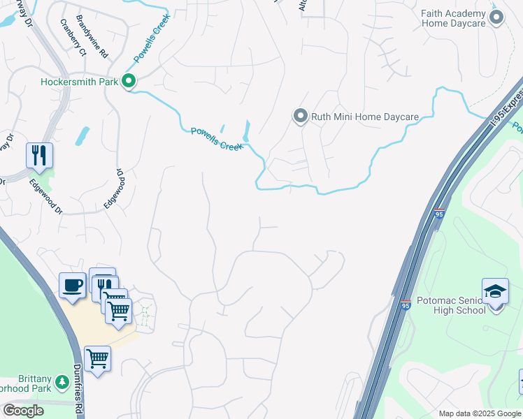 map of restaurants, bars, coffee shops, grocery stores, and more near 16201 Timid Creek Ct in Dumfries