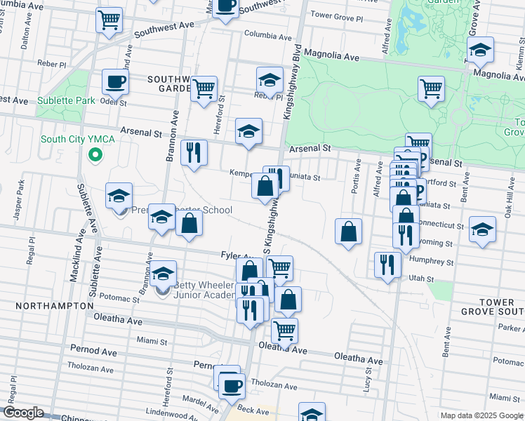 map of restaurants, bars, coffee shops, grocery stores, and more near 4901-4947 Connecticut Street in St. Louis