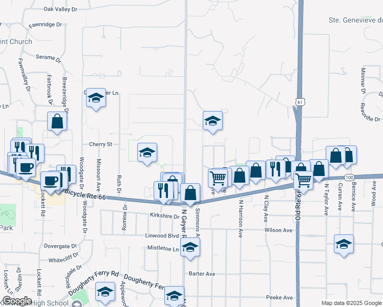map of restaurants, bars, coffee shops, grocery stores, and more near 1222 North Geyer Road in Saint Louis