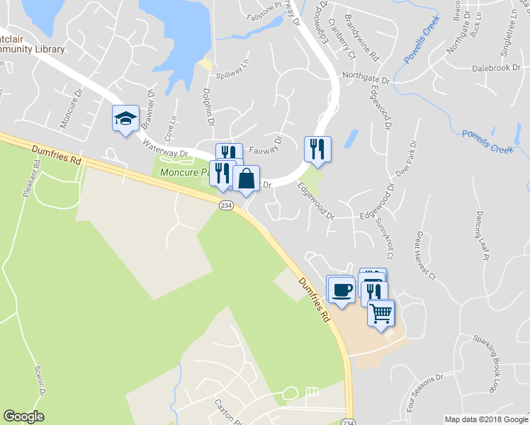map of restaurants, bars, coffee shops, grocery stores, and more near 16160 Henderson Lane in Dumfries
