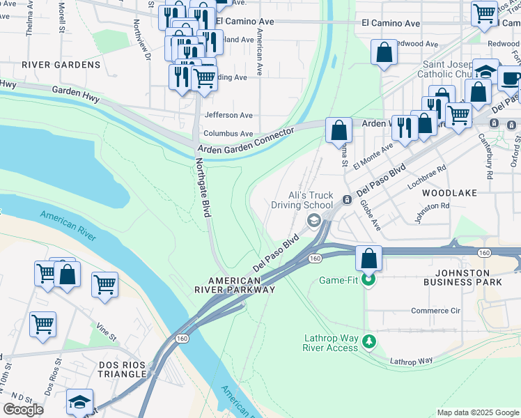 map of restaurants, bars, coffee shops, grocery stores, and more near 1955 Railroad Drive in Sacramento