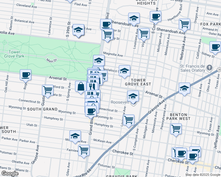 map of restaurants, bars, coffee shops, grocery stores, and more near 3501 Arsenal Street in St. Louis