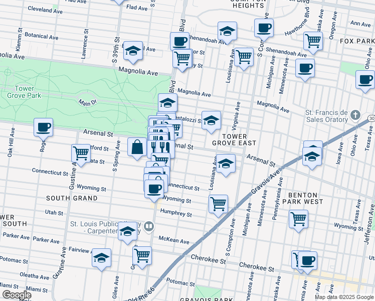map of restaurants, bars, coffee shops, grocery stores, and more near 3501 Arsenal Street in St. Louis